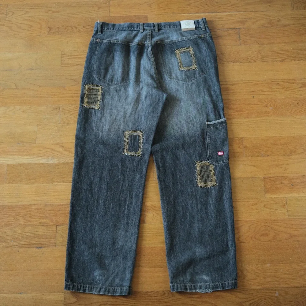Ecko Unltd Jeans Mens 36 Black Patchwork Side-Out Y2K Streetwear Baggy Denim